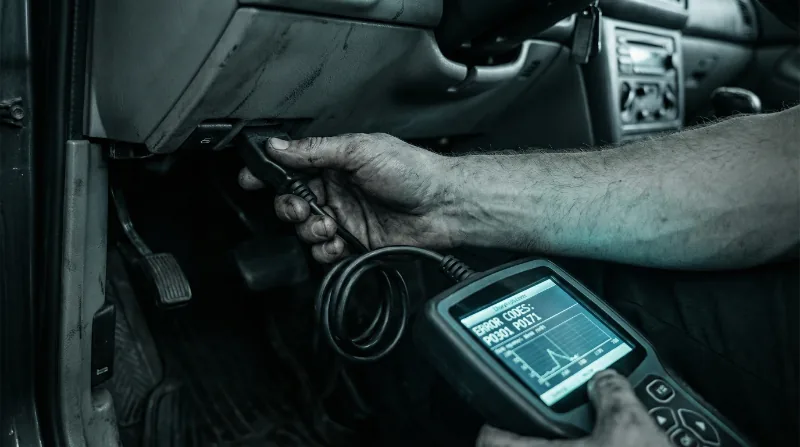 Zapojení OBD kabelu pod palubní deskou, na displeji diagnostiky svítí chybové kódy P0301 a P0171