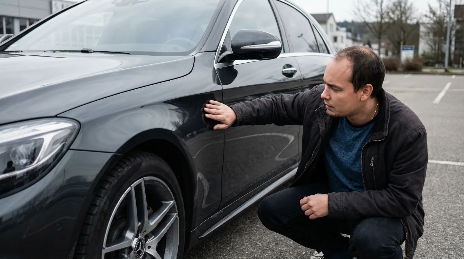 Prohlídka černého Mercedesu na parkovišti u prodejce, ruka kontroluje spáru mezi blatníkem a dveřmi