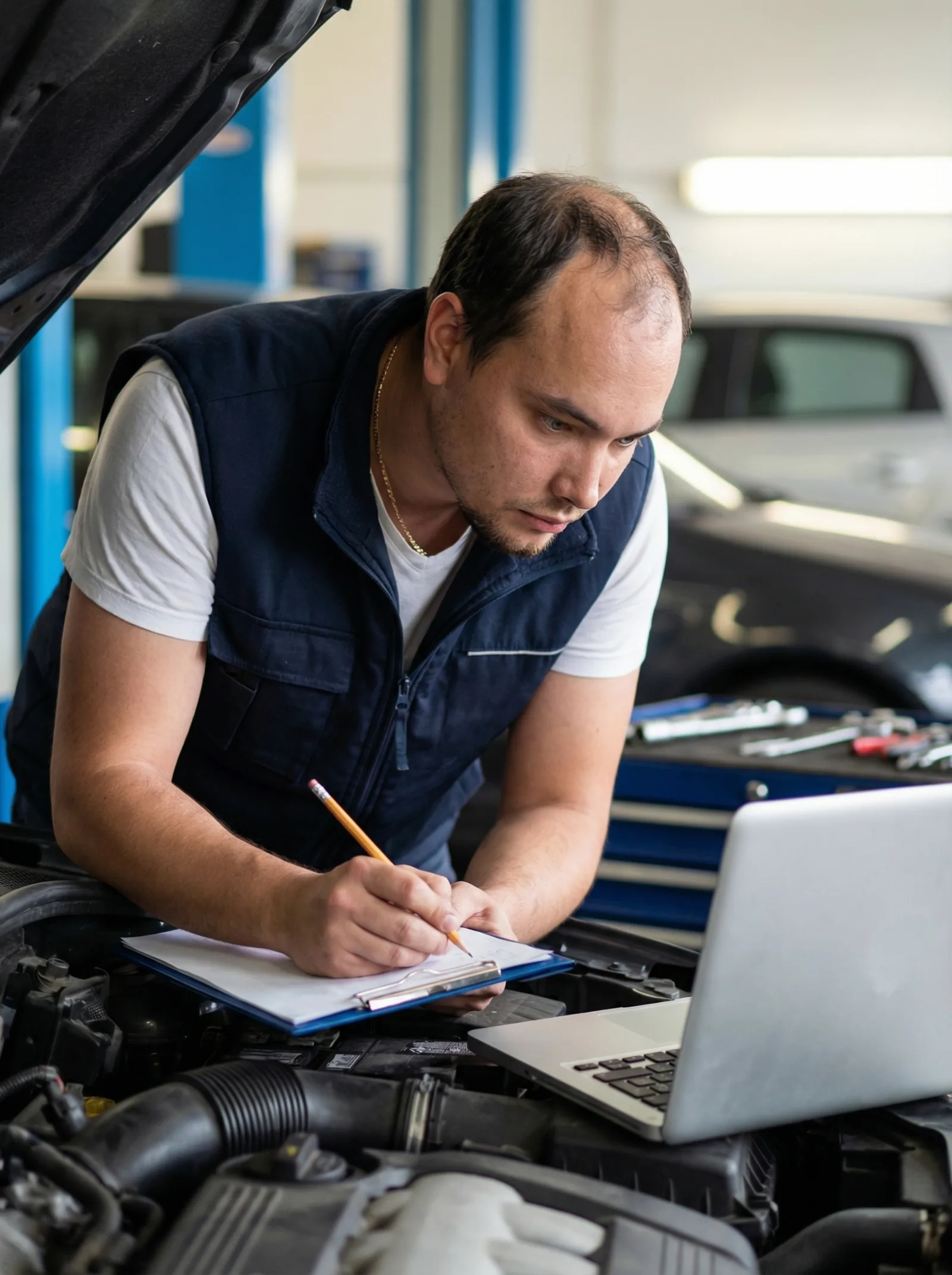 Jiří Caha zapisuje nález do protokolu u otevřené kapoty, vedle notebook s diagnostikou